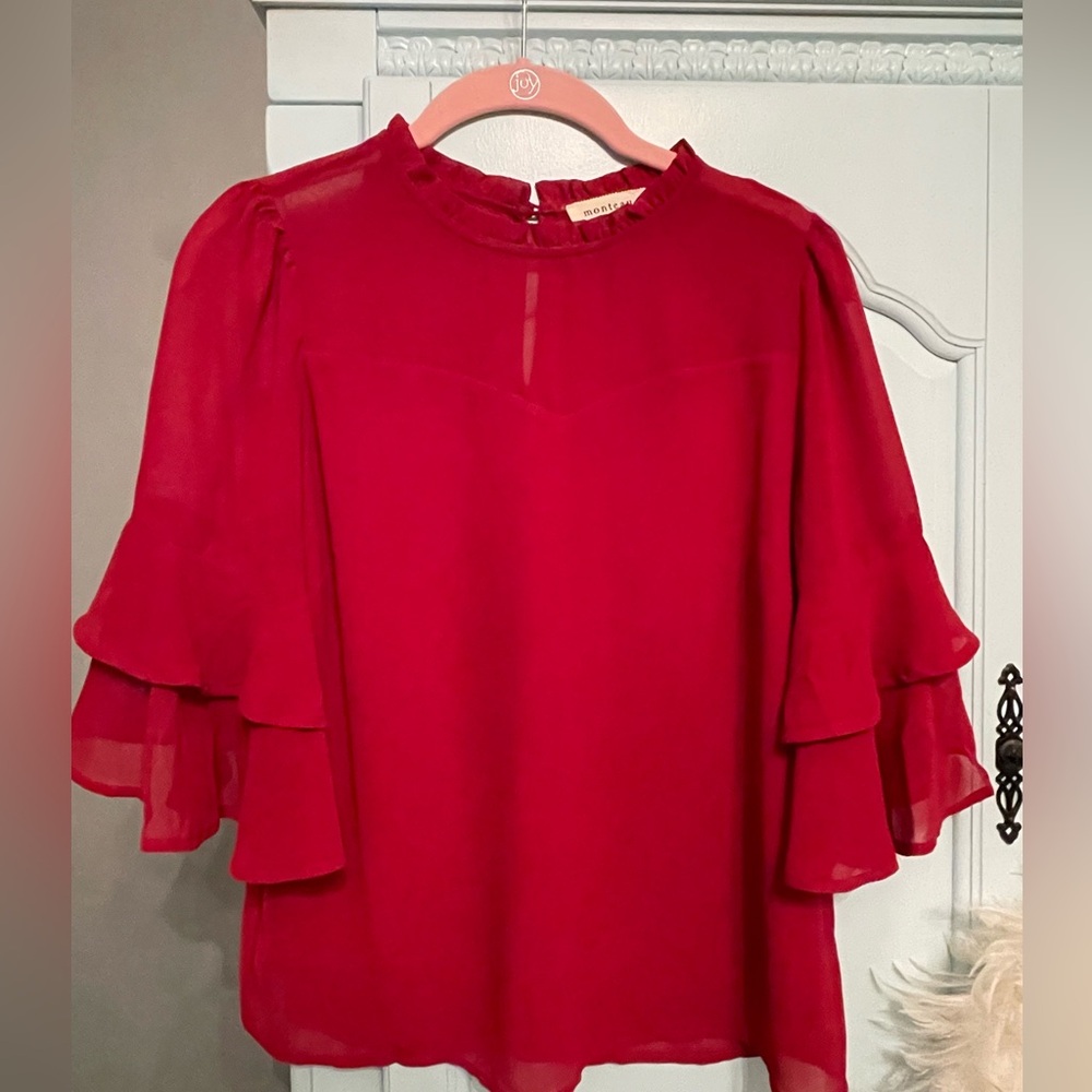 Monteau red flutter sleeve blouse size S